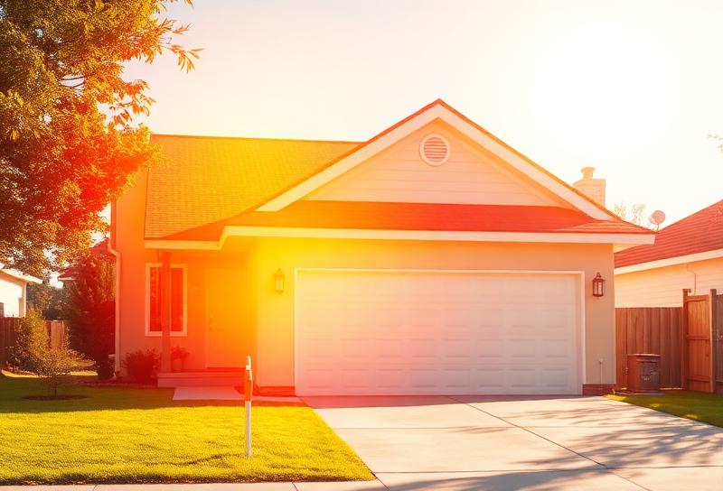 Suburban home with garage door in summer heat