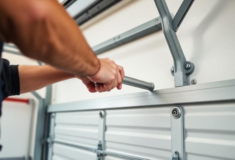 Technician repairing garage door panel